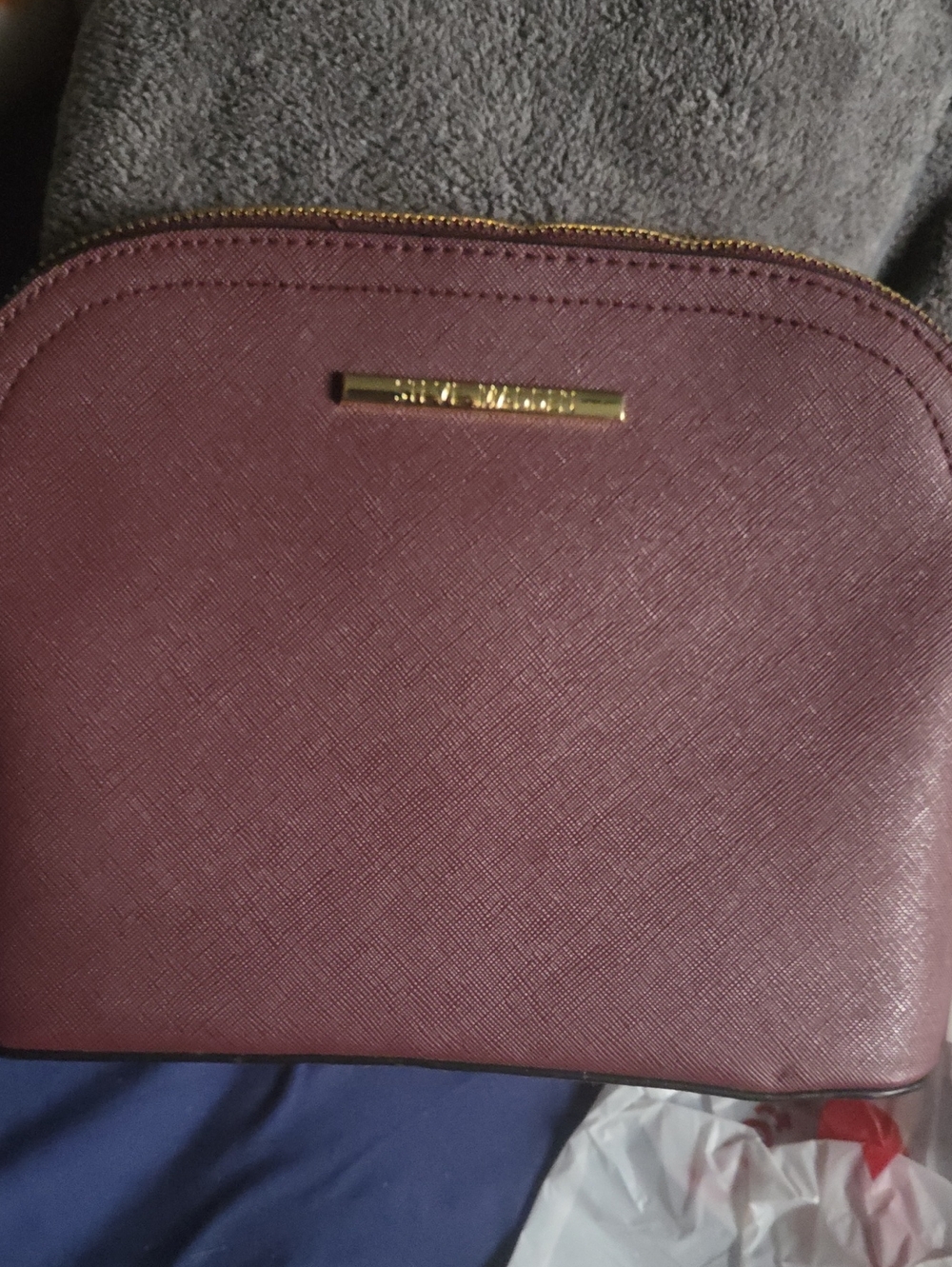 Steve Madden Wine Saffiano Cosmetic Case with Gold Accent